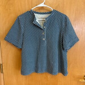 UTILITY Canvas Women Blue White Polka Dot‎ Stand Collar Short Sleeve Top L USA
